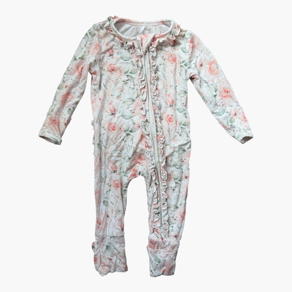 Rockin Royalty Bamboo Ruffle Zip Footie NB Floral Romper